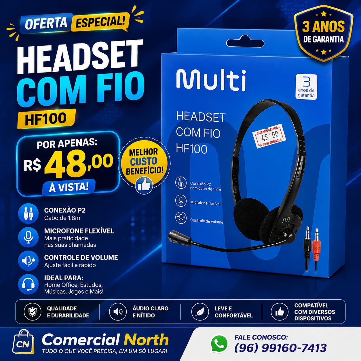 Headset com Fio Multi HF100 com Microfone Flexível e Controle de Volume - Conexão P2