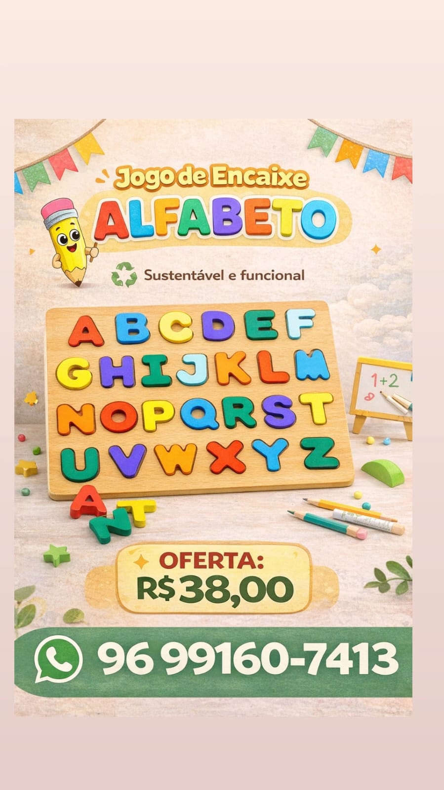 Brinquedo Educativo Jogo de Encaixe Alfabeto em Madeira