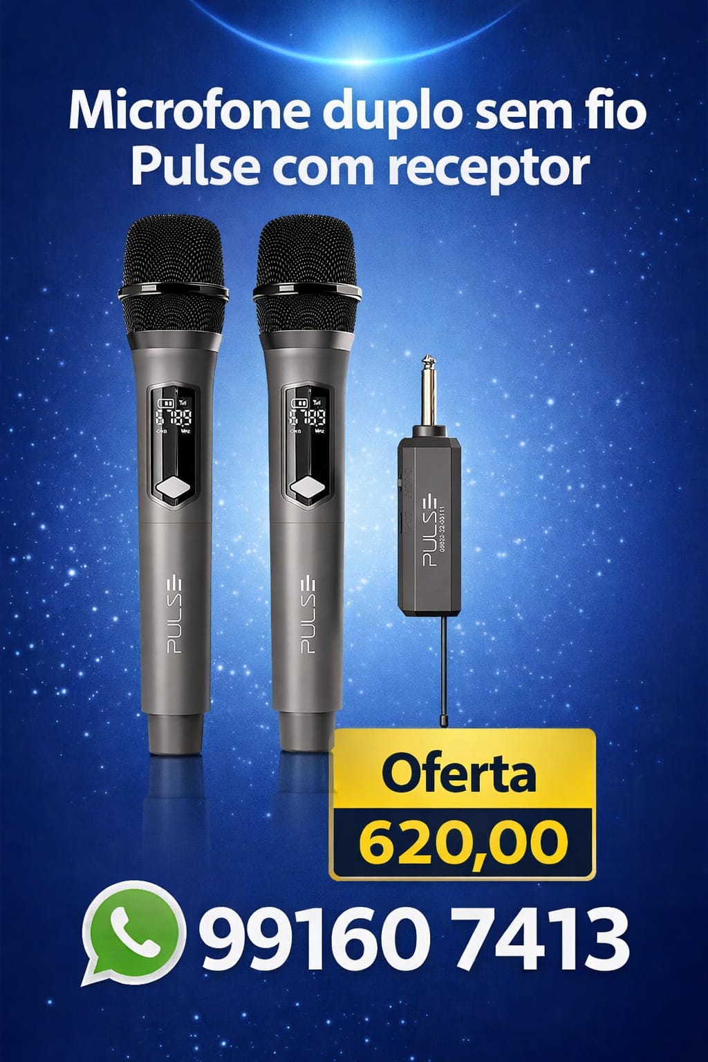 Kit Microfone Duplo Sem Fio Pulse com Receptor Recarregável P10