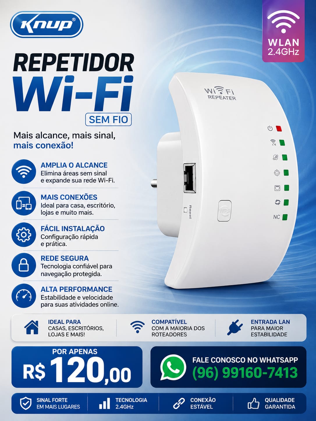 Repetidor Wi-Fi Sem Fio Knup 2.4GHz WLAN - 300Mbps