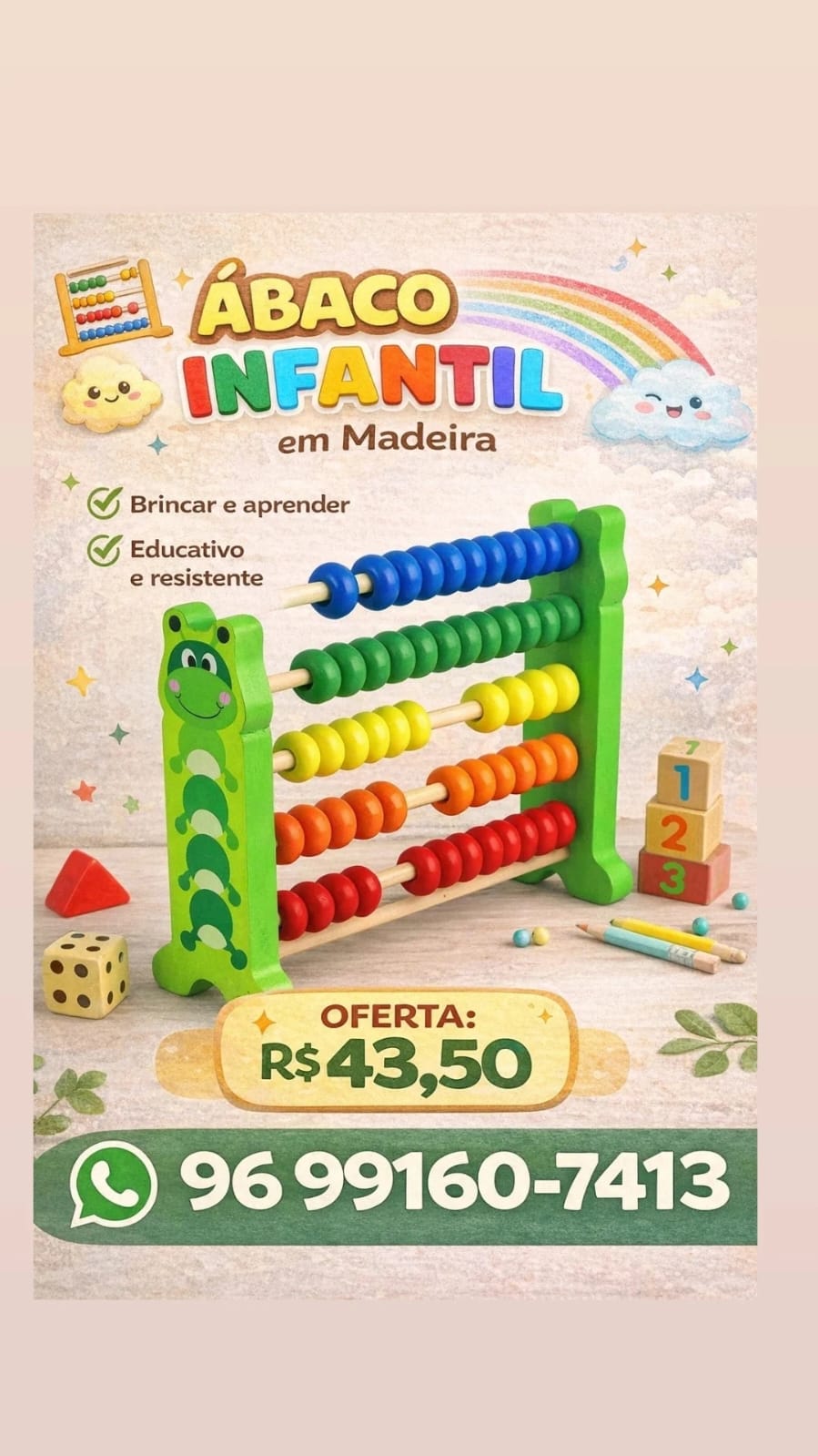 Brinquedo Pedagógico Ábaco Infantil em Madeira - Centopéia Colorida