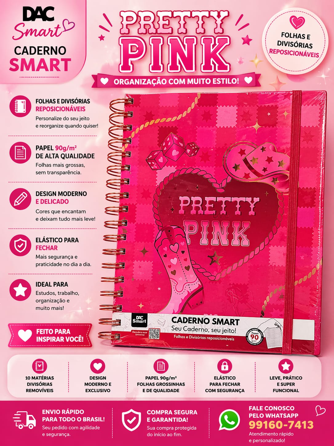 Caderno Smart DAC Pretty Pink Colegial - Folhas Reposicionáveis