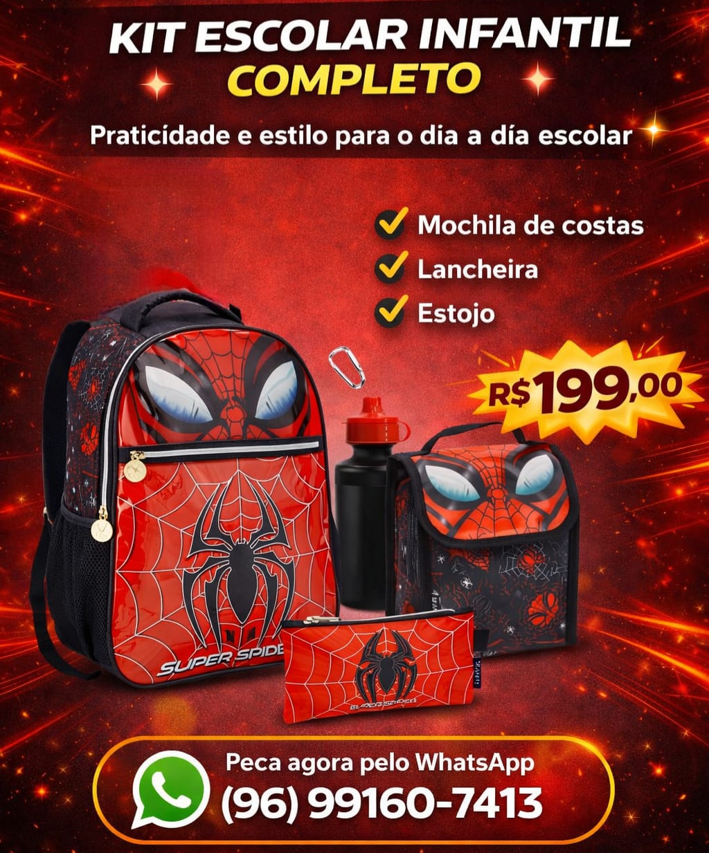 Kit Escolar Infantil Completo – Homem-Aranha (Mochila, Lancheira e Estojo)