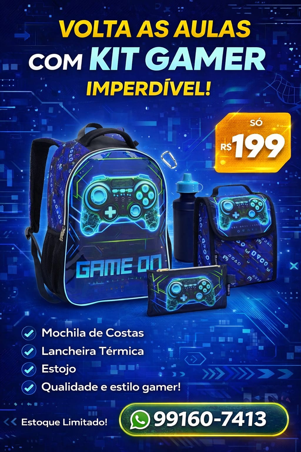 Kit Escolar Infantil Completo – Game On (Mochila, Lancheira e Estojo)
