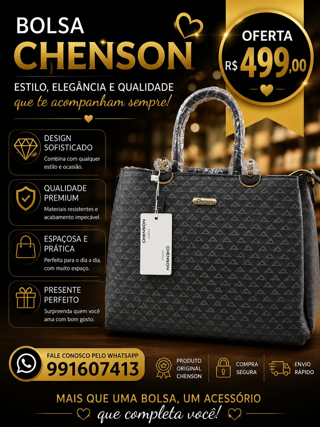 Bolsa Feminina Chenson Monograma Estruturada - Preta