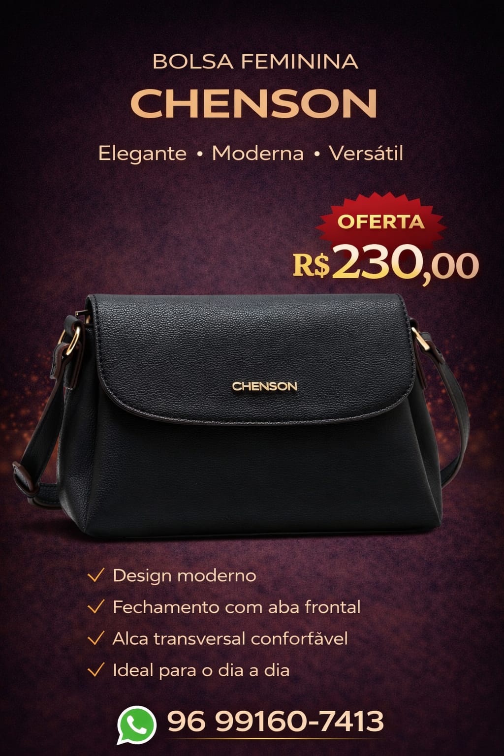Bolsa Feminina Tiracolo Chenson com Aba Frontal - Preta