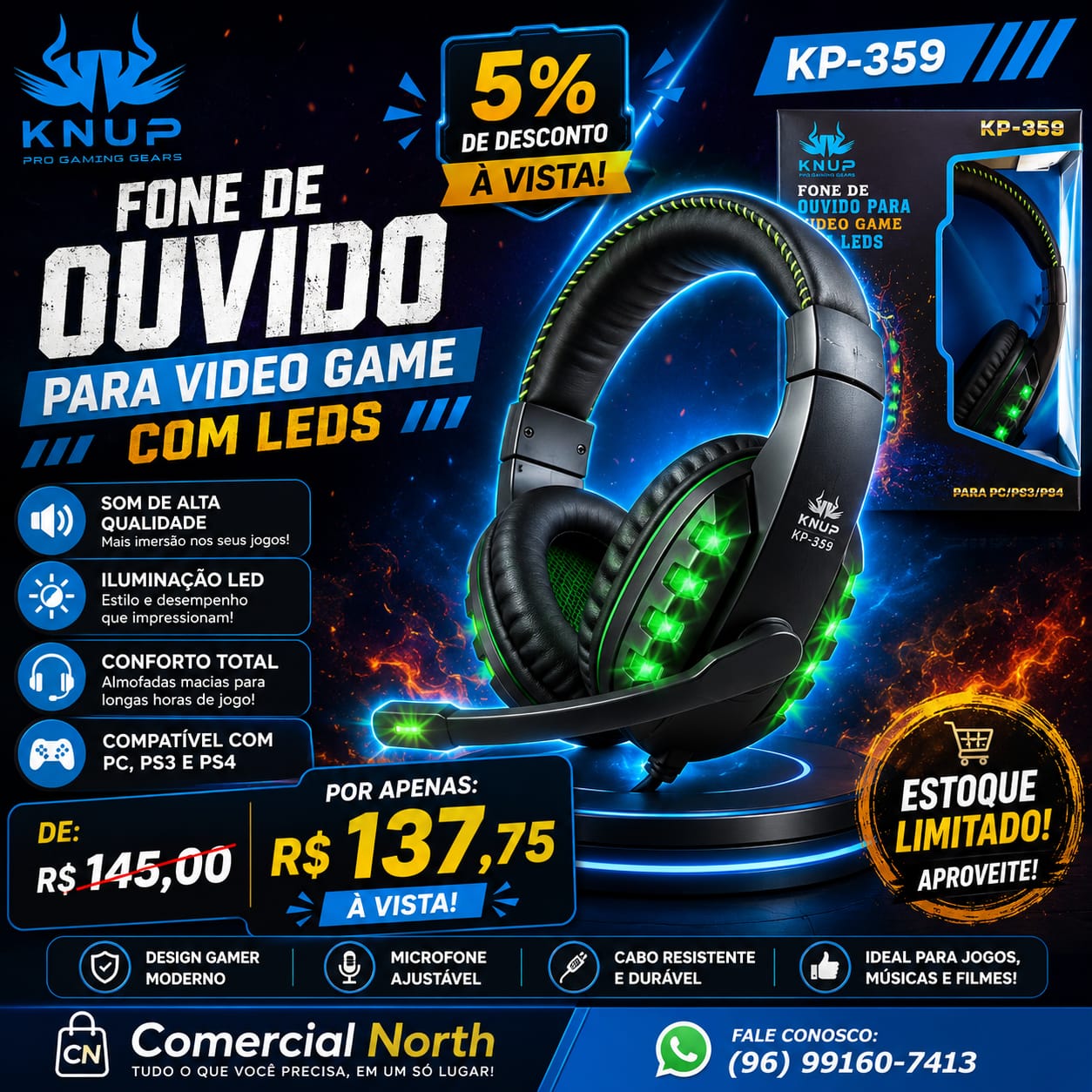Fone de Ouvido Gamer Knup KP-359 com LEDs - Compatível com PC, PS3 e PS4